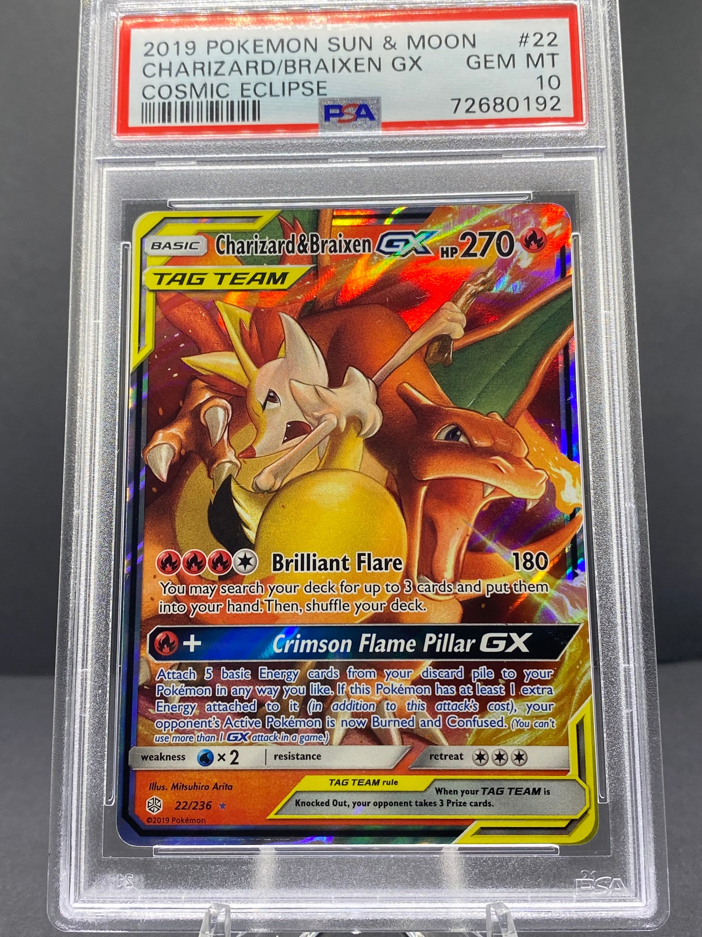 022/236 - Charizard & Braixen-GX - Cosmic Eclipse (Normal Holo, Grade 10, PSA)